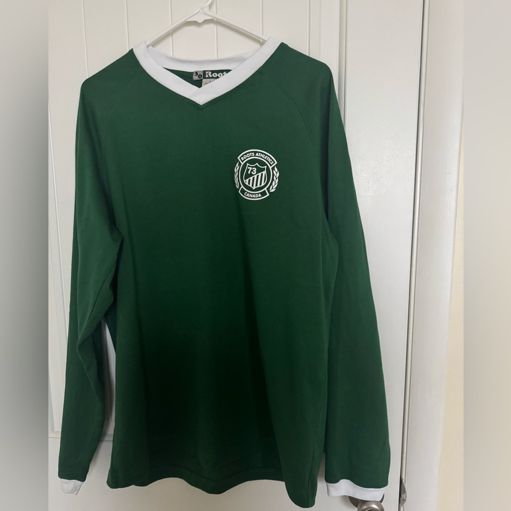 Roots Athletics long-sleeve green and white rugby shirt